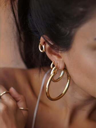 1对不锈钢简约圆环耳环，金色基础款耳环，时尚可叠戴耳环