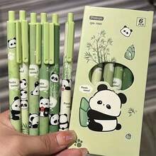 6pcs/Box Panda Themed Retractable Ballpoint Pens, Suitable For Student Stationery, Prizes, Gifts, Back To School - Multicolor - View 1