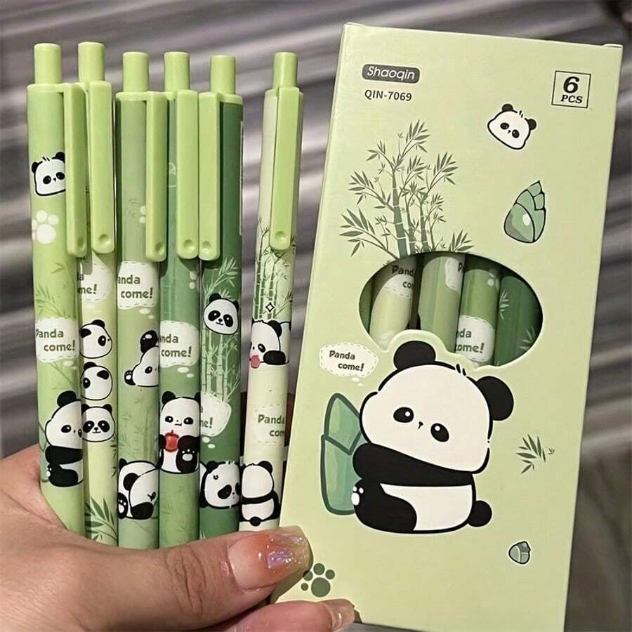 6pcs/Box Panda Themed Retractable Ballpoint Pens, Suitable For Student Stationery, Prizes, Gifts, Back To School - Multicolor - View 1