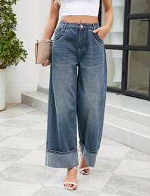 Women Straight Leg Jeans High Waisted Wide Leg Bell Bottom Jeans Loose Baggy Jeans Denim Crimping Pants - 藍色 - 查看 1