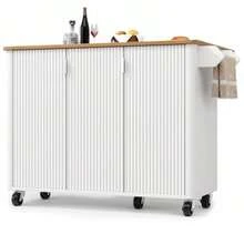 Kitchen Island Table, Grained Wood Dining Cart, Sideboard, 130x45 (75) X 92cm, Sliding Kitchen Cart With Wheels, With Towel Rack, Spice Rack, Adjustable Divider, 3 Doors - White - View 8