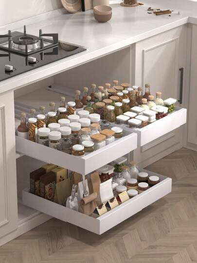 1个拉出式厨房收纳盒，橱柜抽屉整理架，台面收纳托盘，调料架，大容量收纳盒，适合存放厨具、餐具、调味品和其他厨房用品