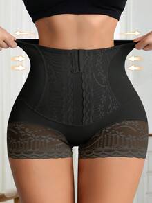 Bragas moldeadoras de mujer con cierre delantero de alta elasticidad, control de abdomen, levantamiento de glúteos, adelgazamiento de cintura, con detalles de encaje de unicolor - Negro - Ver 3