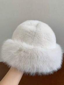 1pc Solid Color Fashionable High-End Fluffy Patchwork Warm Windproof Ear Protection Women's Autumn/Winter Fluffy Bucket Hat Women Winter Clothes - Multicolor - View 12