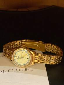 新款女士金色石英腕表，韩式风格，简约优雅，时尚休闲，百搭 - 金色 - 查看 4