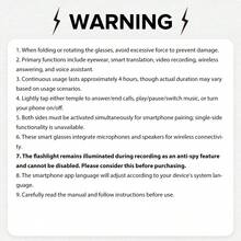 全新智能眼镜，经久耐用，电池容量大，续航时间长，支持音乐控制、AI语音助手、通知音、翻译、智能图像识别，并配备LED手电筒。