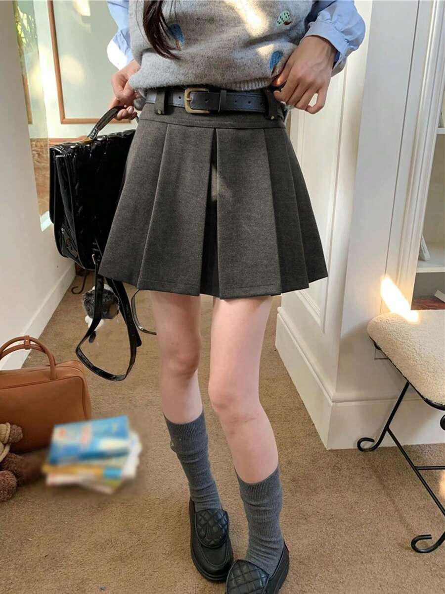 高腰A字针织混纺迷你裙，修身剪裁，适合秋冬季节 - 灰色 - 查看 1