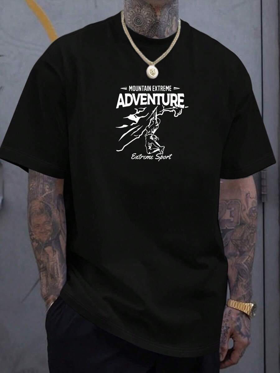 Extreme Mountain Adventure Plus Size Autumn Casual Breathable T-Shirt with Unique Graphic Print - Preto - Ver 1