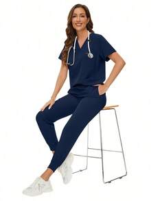 Surgical Uniforms Woman Scrub Set Nurse Beauty Salon Workwear Clinical Scrubs Top Pants Sets Spa Doctor Nursing Clinical Suit - Màu xanh hải quân - Xem 5
