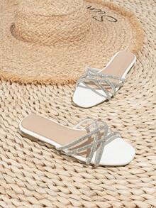 Girls' Diamond Criss-Cross Design Elegant Shiny Princess Everyday Wear Fashionable Lightweight Luxury Flat Sandals - White - View 4