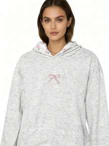 Grey Hoodie With Pink Bow Embroidery, Preppy Style Hoodiecute And Casual Pullover, Soft And Warm Girly Sweatshirt.  Bow    Cute    Polyester    Holiday  School    Four Seasons - Màu Xám nhạt - Xem 3