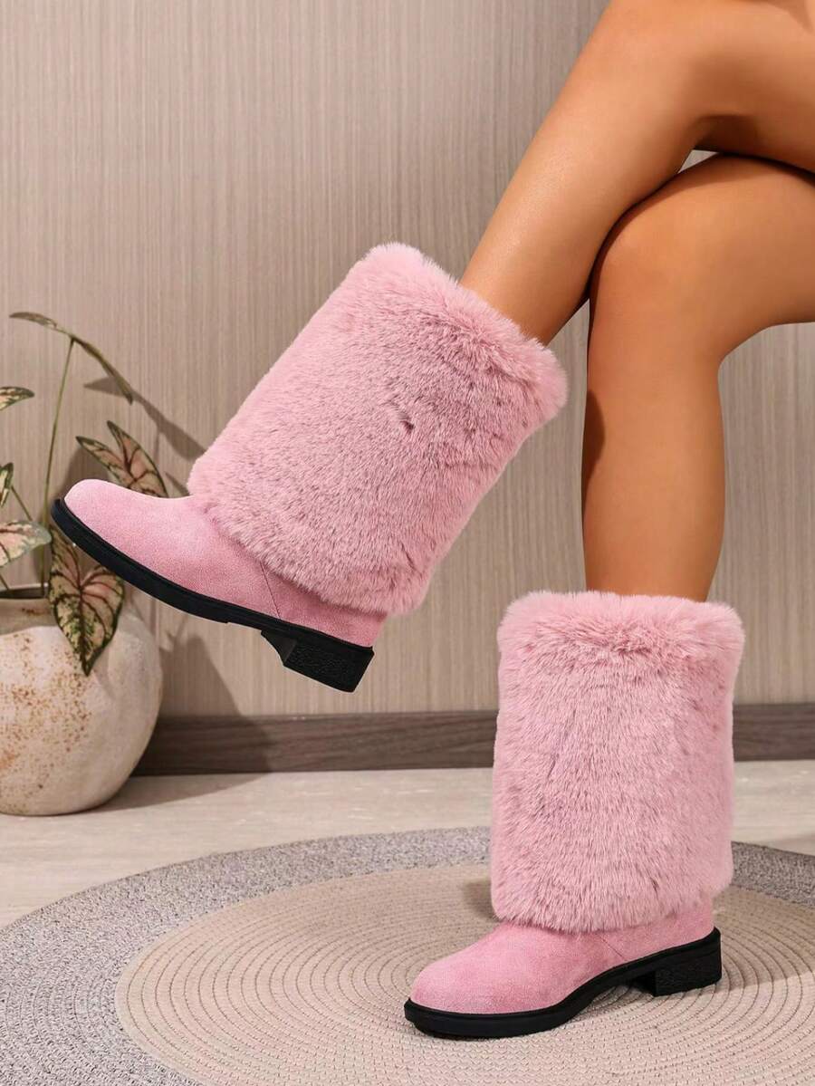Cizme de zăpadă pentru femei, toamna/iarna 2025, până la jumătatea gambei, cizme scurte cu talpă groasă și căptușeală termică artificială, papuci de interior în stil western cu căptușeală pufoasă