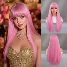 Wunderschöne 24 Zoll rosa Perücken für Frauen, lange gerade Perücken mit Pony, natürlich aussehende, weiche und hitzebeständige synthetische Fasern, für Cosplay oder Nachtclub-Looks, Musikfestival-Party-Verwendung
