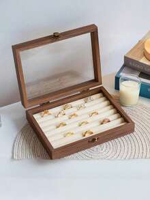 1pc Luxury Black Walnut Wood Jewelry Box, Wooden Skylight Jewelry Box With Lock, Flannel Lined Jewelry Box, Transparent Dustproof Jewelry Box, Desktop Jewelry Storage Box, Large Capacity Anti-Oxidation Jewelry Storage Box, Jewelry Storage Display Organizer - Multicolor - View 9