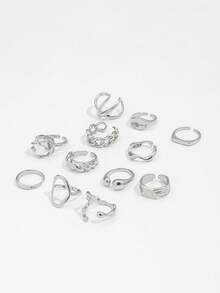 12Pcs/Set Punk Rings Set For Women Vintage Geometric Rings Set Fashion Personalized Jewelry Gifts Match With Daily Outfits, Party Accessories - Silver - View 3