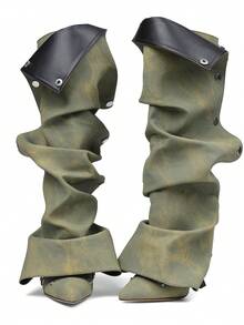 Winter Women Slouchy Boots Pointed Toe Stiletto High Heels Ruched Knee High Design Luxury Elegant Sexy Nightclub Detachable Shoes - 牛仔布 - 查看 2