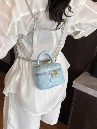 1个春夏款PU菱格纹迷你斜挎包，时尚链条肩带口红钱包零钱包单肩手提包，适合女生