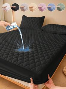 1pc Black Water Resistant Bed Sheet, Bedding, Fitted Sheet, Home Decoration, Cozy Home Textile, Breathable And Anti-Pilling Mattress Protector, Water Resistant Mattress Cover, Soft And Comfortable Bedding For Bedroom, Skin-Friendly Mattress Protector, Dustproof And Moisture-Proof Mattress Protective, Fully Covered Mattress Protector - Black - View 11