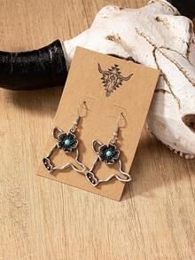 1 Pair South Western Highland Cow Cattle Head Lightening Turquoise Stone Decor Cowboy Cowgirl Style Dangle Earring For Women - Western Wind Bull Head Turquoise Earrings - View 1