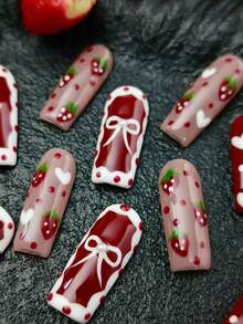 10pcs Baroque Style Acrylic Nail Tips, DIY French Y2K Manicure, Pink, Red, Light Blue, Brown, Shiny Nails, 3D Handmade Starfish & Shell Decor, 3D Hand-Painted Wavy Cherry, 3D Colorful Carved Flower Acrylic Nail Art, Suitable For Christmas, Girls Nail Art Set, Includes Gel Stickers And Nail File - 紅色 - 查看 4