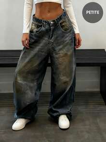 复古美式学院风百搭女士宽松直筒牛仔裤，休闲春季款 - 深色水洗藍 - 查看 2