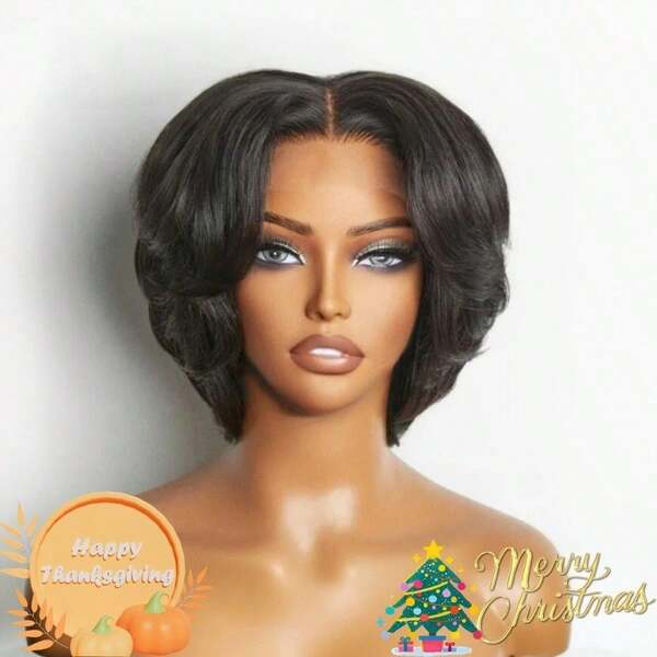 4x4 Lace Front Wig Short Wig For Women Human Hair Glueless Wigs Throw On And Go Pixie Cut Wig For Human Hair Pre Plucked Pre Cut 4x4 Lace Front Put On And Go Layered Bob Wig For Thanksgiving Day,Christmas,Daily Use