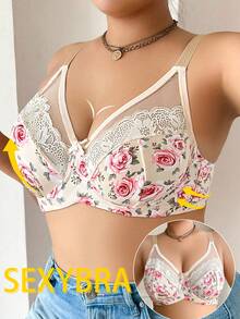 1pc Plus Size Women Lace Patchwork Wireless Bra, Comfortable & Minimalist Design, Knitted Fabric