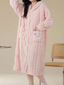 1pc Solid Color Wool Jacquard Casual Robe, Autumn/Winter Warm Thermal Lined Long Sleeve Flannel Hooded Loose Robe/Fluffy Bathrobe With Pockets, Women Sleepwear, Fall, Cozy - 淺粉色 - 查看 3