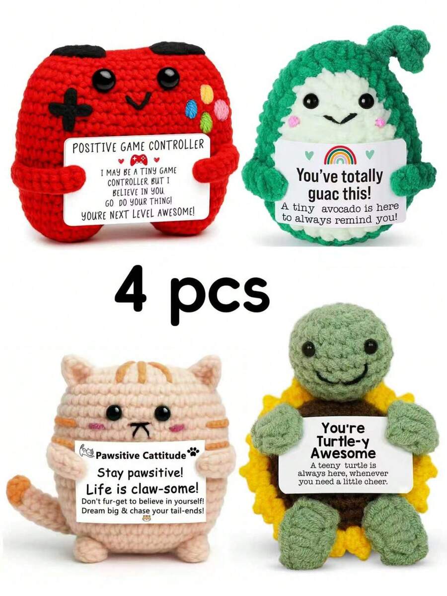 4pcs/Set Handmade Crochet Desktop Decor Figurines, Funny Sci-Fi Character Dolls, Cartoon Style, Great Gift For Best Friends, Birthday, Sisters, Moms, Grandmas, Unisex, Coworkernal Support, Positive Vibes, Party, Halloween, Thanksgiving, Christmas, Appreciation, Plush Toys, Room, Desk Decoration, Small Gifts, Souvenirs