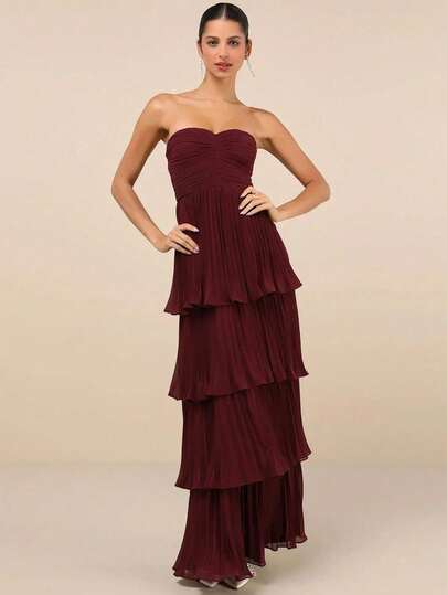 女士时尚李子紫色无肩带层叠长款连衣裙，轻盈褶皱雪纺修身连衣裙，适合生日、鸡尾酒会、晚宴、新年和圣诞节等场合。