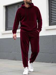 纯色丝绒长袖连帽衫和抽绳长裤套装，休闲秋冬装 - 酒紅色 - 查看 4