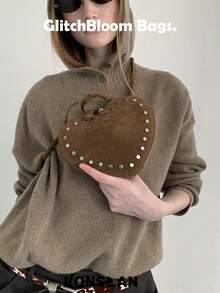 Commuting Fashionable Versatile Rivet Heart Faux Suede Retro Eye-Catching Rivet Design Faux Suede Heart Shoulder Crossbody Bag, Women Street Fashion Handbag - Brown - View 5