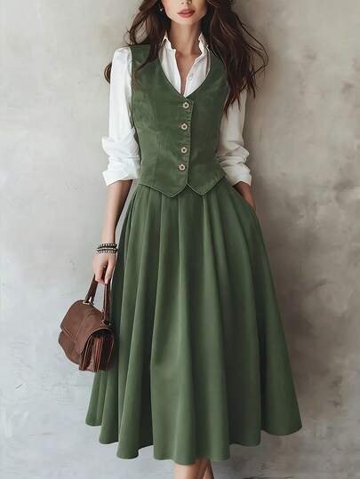 Vuslat 女士春季时尚优雅复古宫廷职业通勤V领背心吊坠半身裙两件套，适合夏季连衣裙、春季女装、圣帕特里克节、女士正式着装、绿色连衣裙