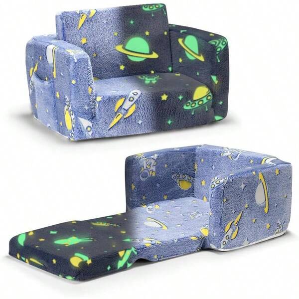 2in1 Sofa Convertible Baby Flip Out Sofa Couch Starry GlowinTheDark Design Play Couch With Removable And Washable Cover Perfect For Boys And Girls Blue