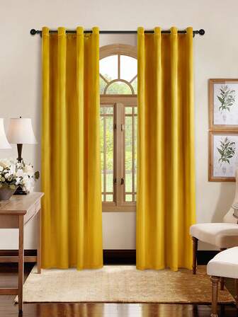 1 pieza Cortina de lujo vintage color dorado con aislamiento térmico y opacidad, cortina de unicolor con ojales, adecuada para la decoración de la sala de estar, dormitorio y ventana de la habitación