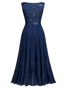 MIUSOL Elegant Women's Sleeveless Deep V-Neck Contrast Sequin Lace Navy Blue Maxi Dress, Bodice A-Line Chiffon Gown With Ruffle High-Low Hem, For Wedding Guest, Prom, Formal Evening Party - 藏蓝色 - 查看 8