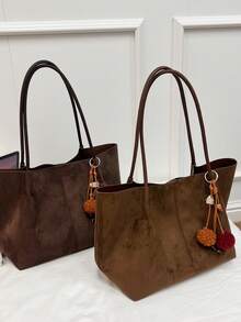 2pcs/Set Autumn/Winter Large Capacity Plush Tote Bag, Fashionable Commuter Handbag With Detachable Pouch & Charm - Multicolor - View 4