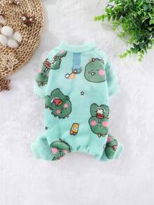 Tjock flanell Jumpsuit för husdjur med fyra ben, varm för hundvalp och katt, koppel fäst, höst/vinter - Grön - Visa 16