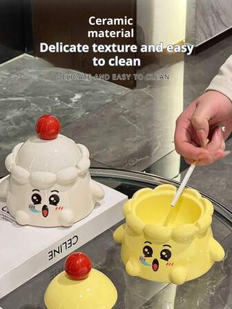 1pc Ceramic Ashtray With Lid, Anti-Spill, Home/Office Desktop Decor, Luxury High-End Creative Design, Available In White, Yellow, Pink
