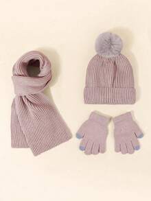 3pcs/Set Kids Unisex Solid Color Hat + Scarf + Gloves (3 Pieces Set), Y2K Style, Windproof And Warm, Fashion And Versatile, Suitable For Autumn/Winter Outdoor Wear - Khaki - View 3
