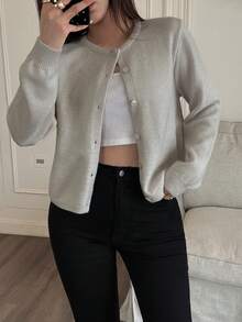 Áo len cardigan ngắn tay cài nút cho nữ Áo len dệt kim gân Y2K Áo khoác ngoài cho bé gái Áo phông - Màu Xám nhạt - Xem 4