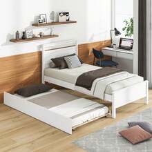 Twin Size Platform Bed W/ Trundle Pull-Out Trundle Headboard & Footboard - mặc định - Xem 4