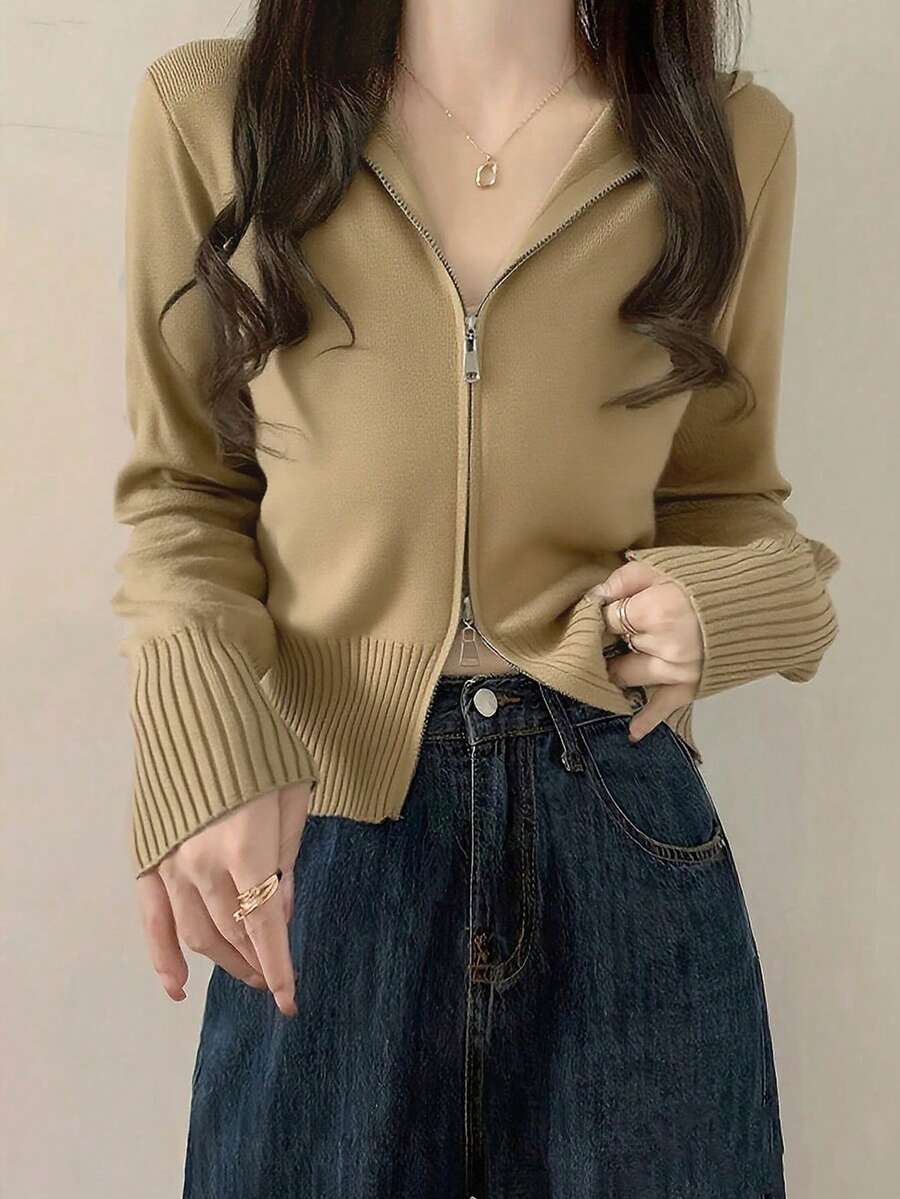 Áo khoác cardigan nữ màu trơn tối giản có khóa kéo hàng ngày - Màu Khaki - Xem 1