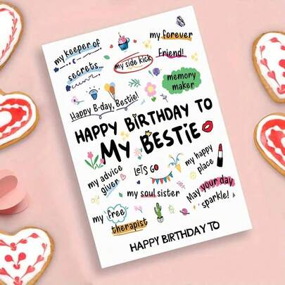Bestie Birthday Greeting Card For Adults - "Happy B - Day, Bestie!" With Fun Labels Like "Free Therapist" "Memory Maker" (Includes Envelope)