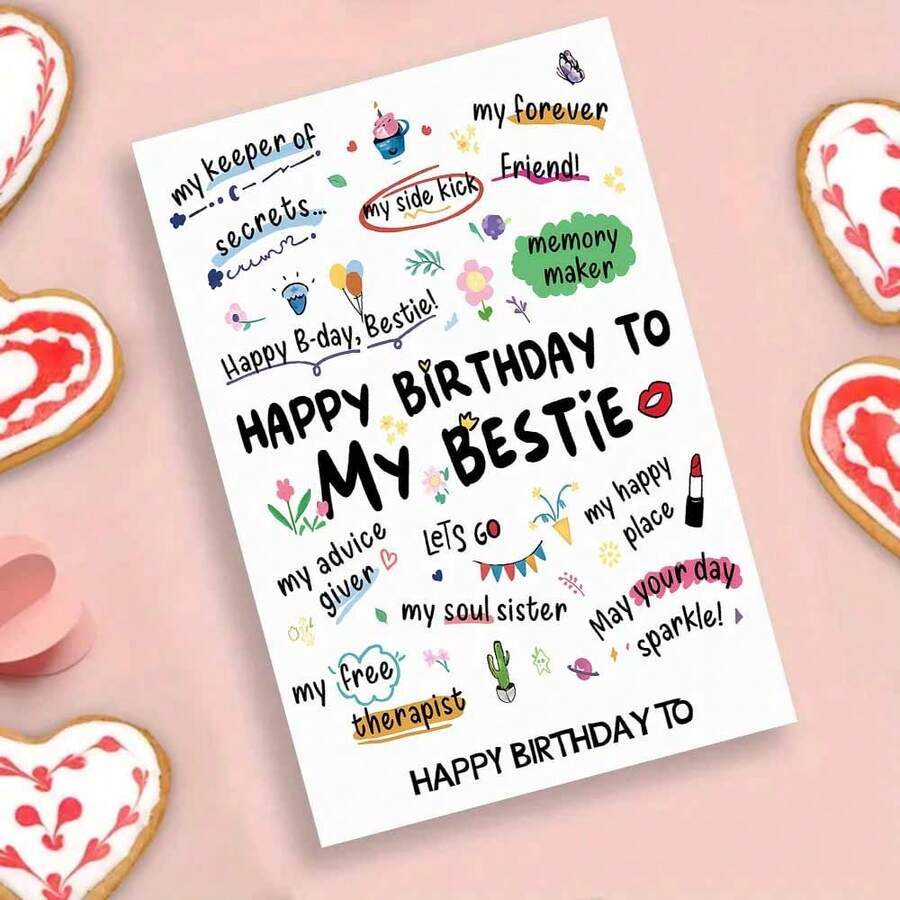 Tarjeta de felicitación de cumpleaños para la mejor amiga - "¡Feliz cumpleaños, amiga!" Con etiquetas divertidas como "Terapeuta gratis" "Creadora de recuerdos" (Incluye sobre) - Multicolor - Ver 1
