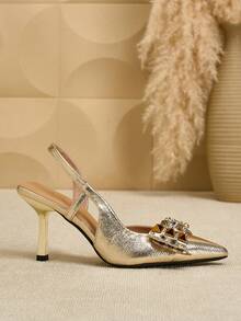 女士金属高跟尖头皮革铆钉蝴蝶结套脚鞋，优雅适合办公室、通勤和商务场合 - 金色 - 查看 4