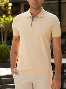 Ogochi Men's Basic Plain Polo Shirt With Logo, No Pocket, Original - Cream - View 7