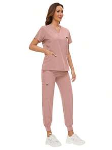 Surgical Uniforms Woman Scrub Set Nurse Beauty Salon Workwear Clinical Scrubs Top Pants Sets Spa Doctor Nursing Clinical Suit - Hồng - Xem 9