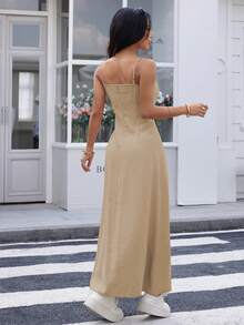 REF:AS1826 - Long Dress With Thin Straps And Front Slit: Elegance And Sensuality In The Same Look - 米色 - 查看 2