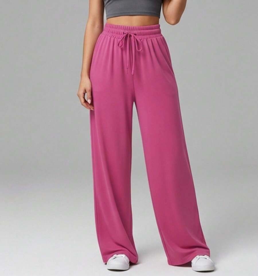 Wide Leg Pants With Flare Leg, Sophisticated Fit, Structured Style, High , Contemporary, Casual, Comfortable, Modern, Chic - 玫紅色 - 查看 1